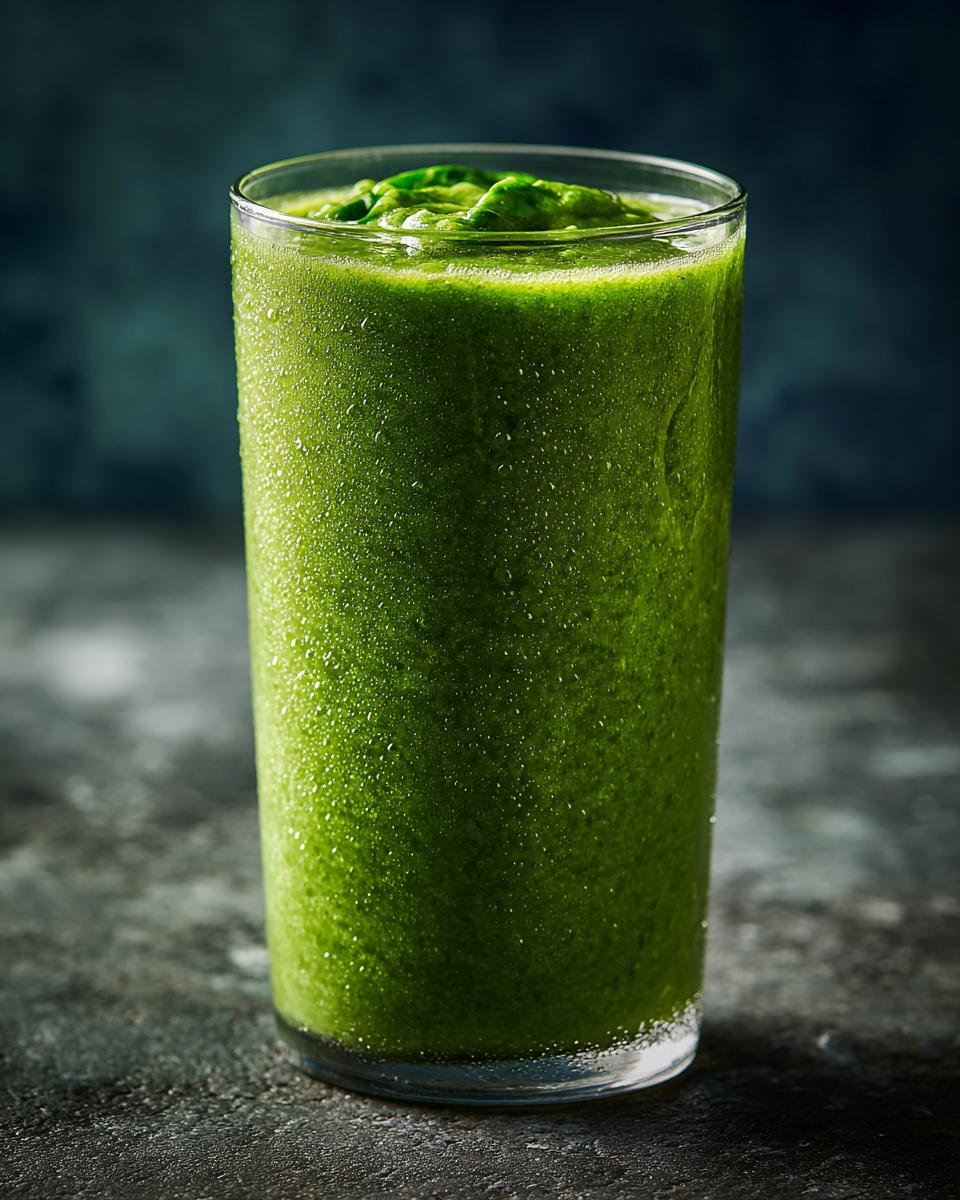 A vibrant green detox smoothie in a tall glass, showcasing its healthy and refreshing appeal.