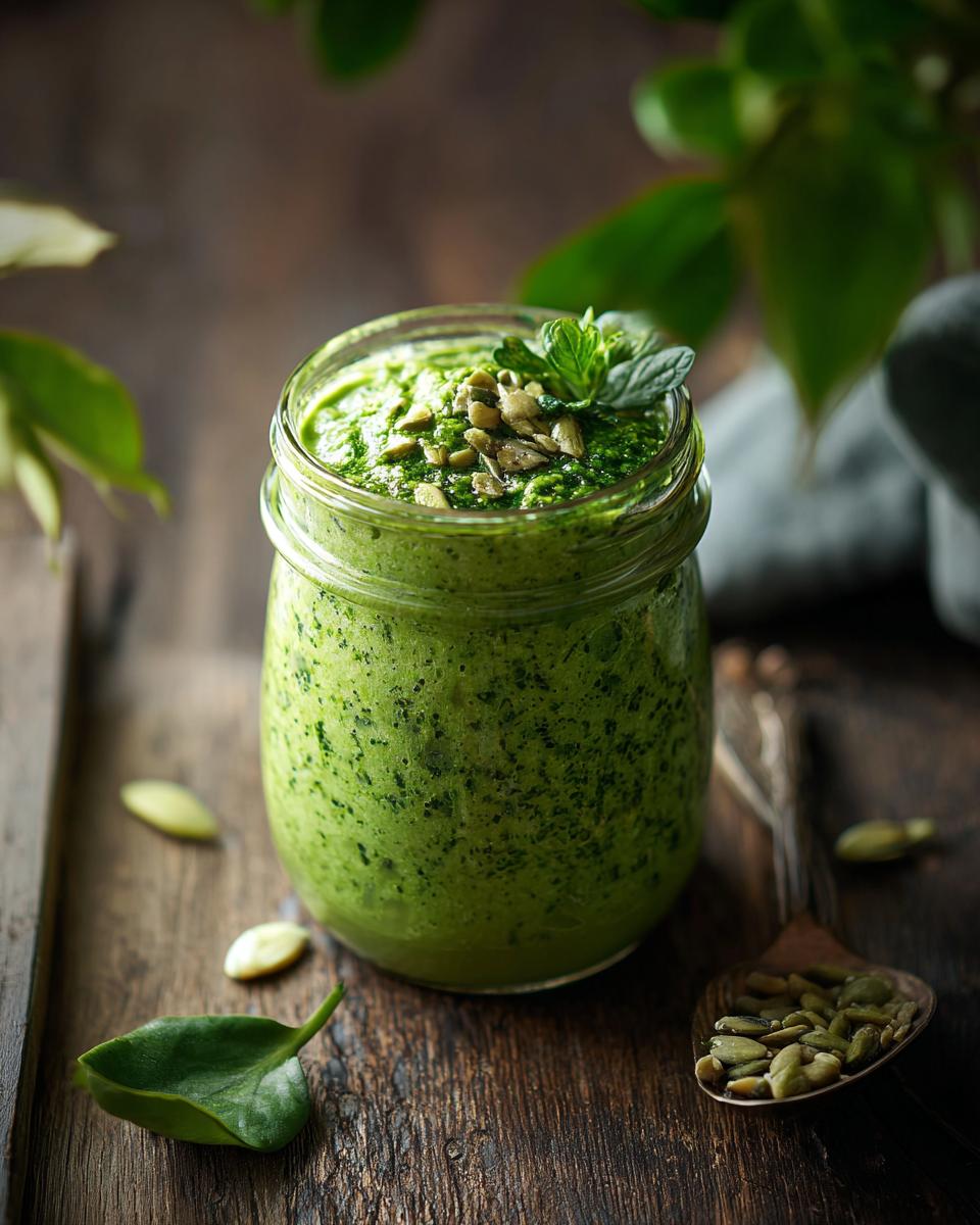 A jar of The Green Detox Smoothie, topped with seeds and mint, sits on a rustic wooden surface.