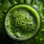 Overhead shot of a vibrant Green Detox Smoothie in a glass, showing its bubbly texture and bright green color.