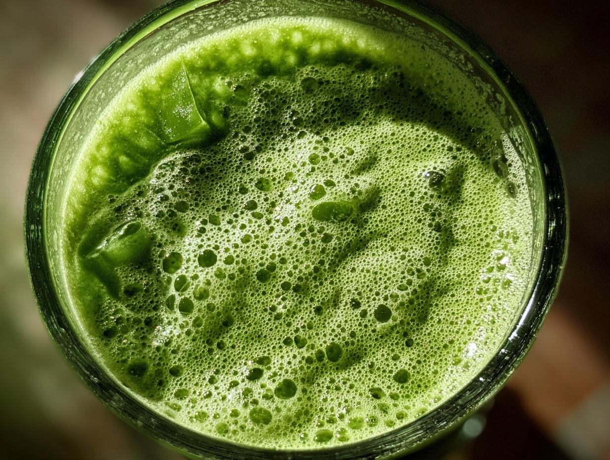 Overhead shot of a vibrant Green Detox Smoothie in a glass, showcasing its frothy texture and bright green color.