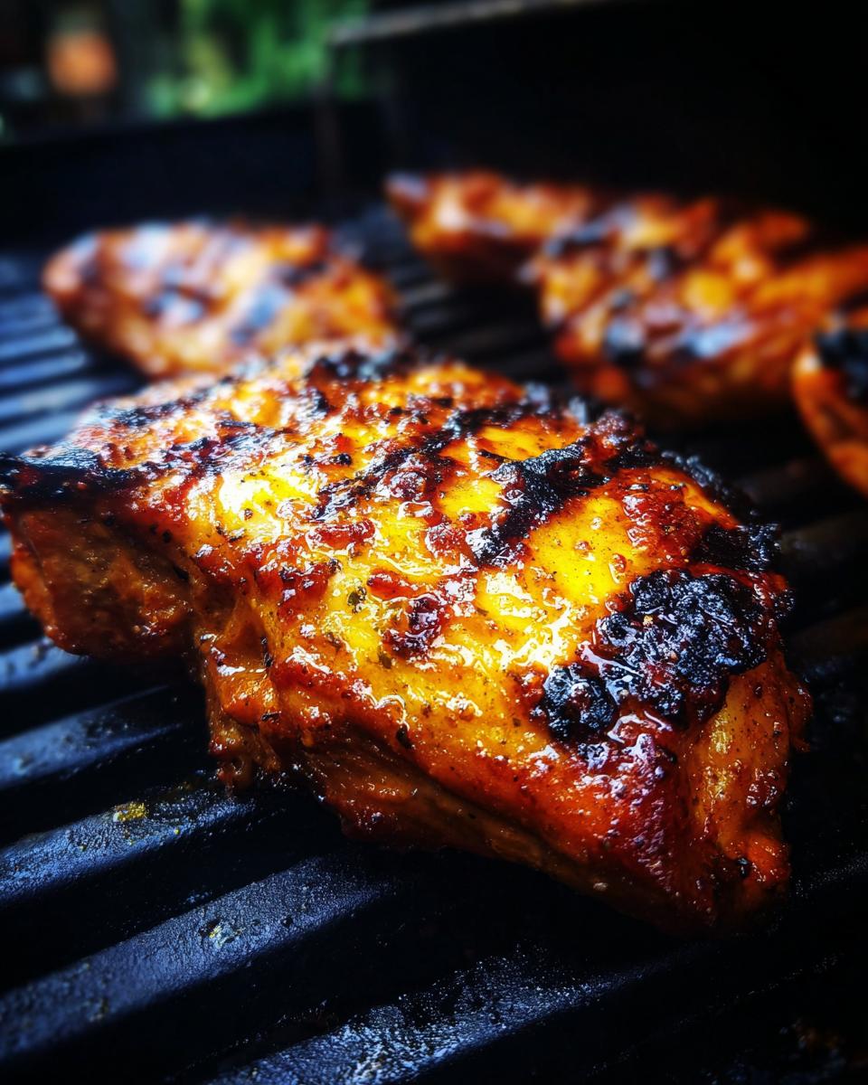 Close-up of juicy Grilled BBQ Chicken breasts on a grill, showing char marks and glaze.