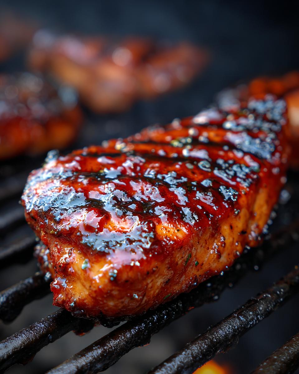 Close-up of Grilled BBQ Chicken with grill marks and a glistening glaze on a barbecue.