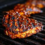Close-up of juicy Grilled BBQ Chicken with grill marks, glazed with a rich, flavorful sauce on a grill.