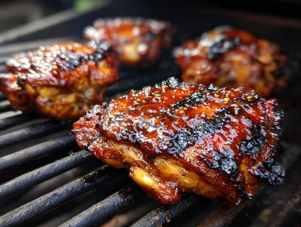 Close-up of juicy Grilled BBQ Chicken pieces cooking on a grill, glazed with a rich, caramelized sauce.