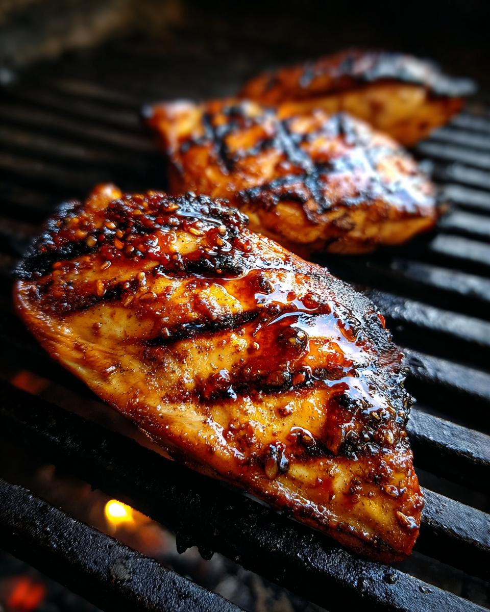 Three pieces of Grilled BBQ Chicken cooking on a grill with visible grill marks and flames.