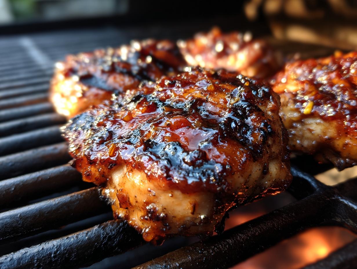 Close-up of Grilled BBQ Chicken cooking on a grill with flames visible underneath.