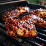 Close-up of Grilled BBQ Chicken cooking on a grill, coated in a rich, flavorful sauce.