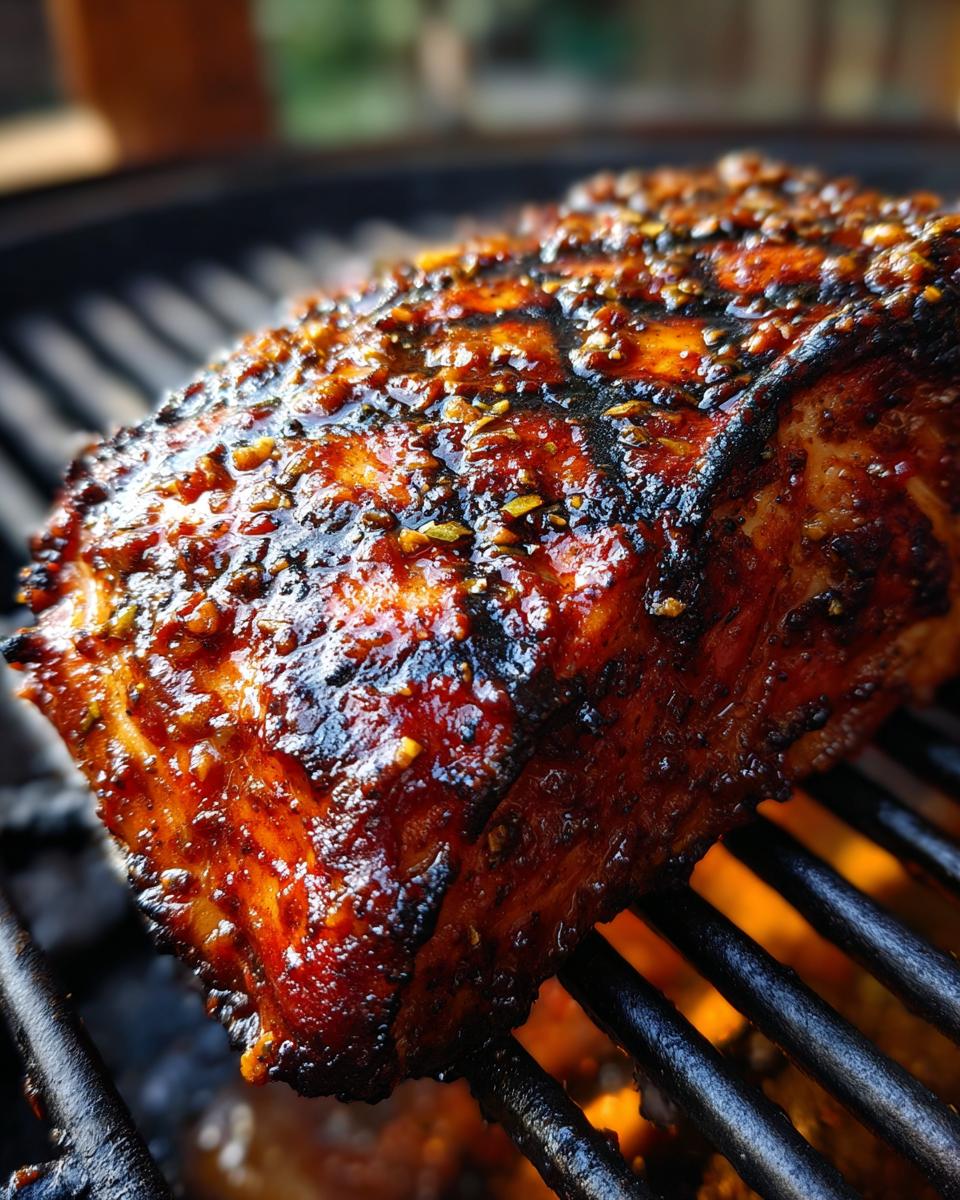Close-up of Grilled BBQ Chicken cooking on a grill with flames visible underneath.