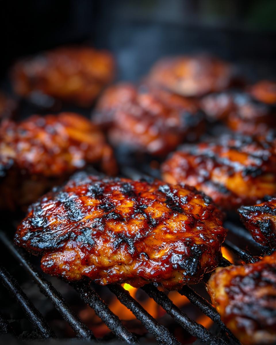 Close-up of Grilled BBQ Chicken cooking on a grill with flames visible underneath.