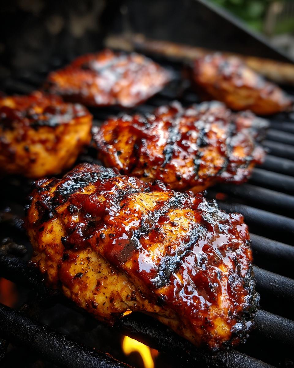 Close-up of Grilled BBQ Chicken cooking on a grill with flames visible underneath.