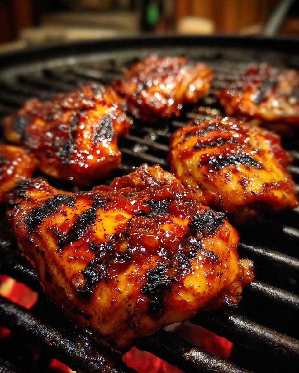 Close-up of Grilled BBQ Chicken pieces cooking on a grill with visible grill marks.
