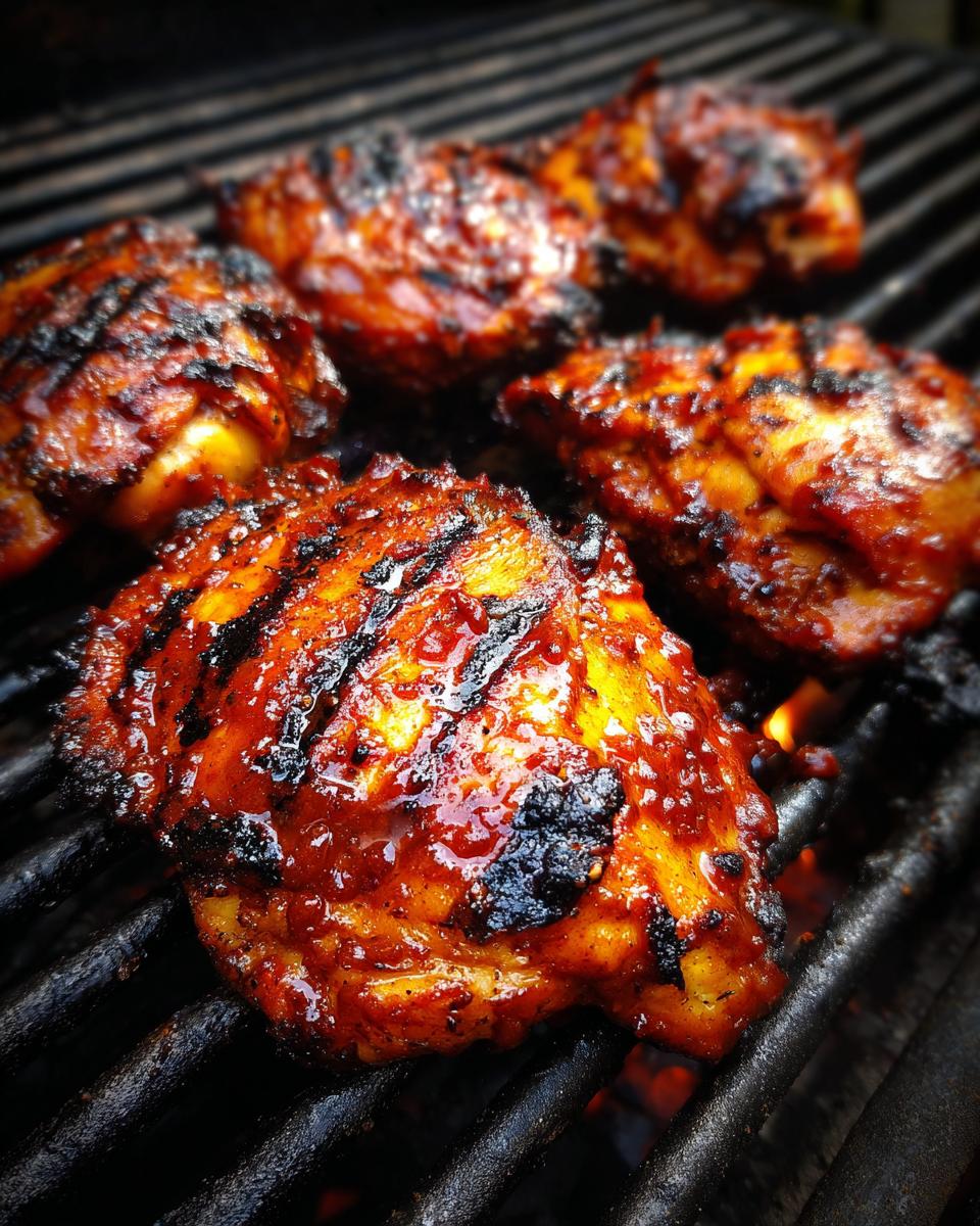 Close-up of juicy Grilled BBQ Chicken thighs cooking on a grill with visible grill marks and flames.