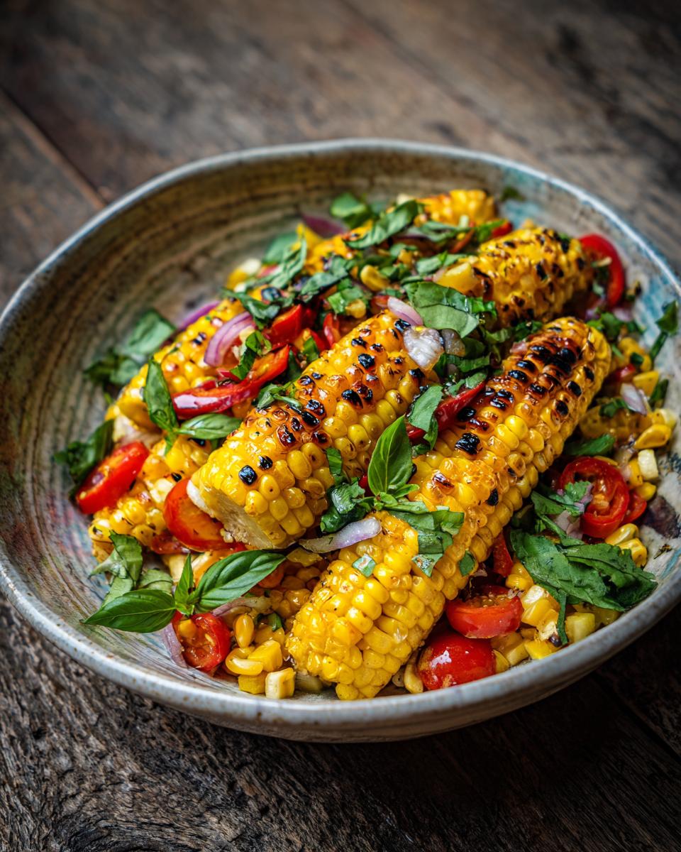 Close-up of The Grilled Corn Salad with grilled corn on the cob, tomatoes, basil, and red onion in a bowl.