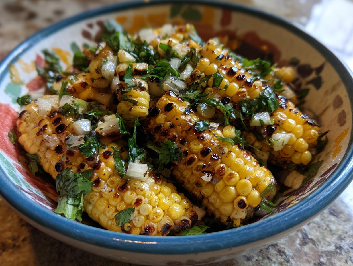 Close-up of The Grilled Corn Salad in a colorful bowl, topped with herbs and diced onions.