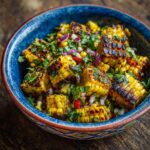 Close-up of The Grilled Corn Salad in a blue bowl, featuring grilled corn, red onion, and fresh herbs.