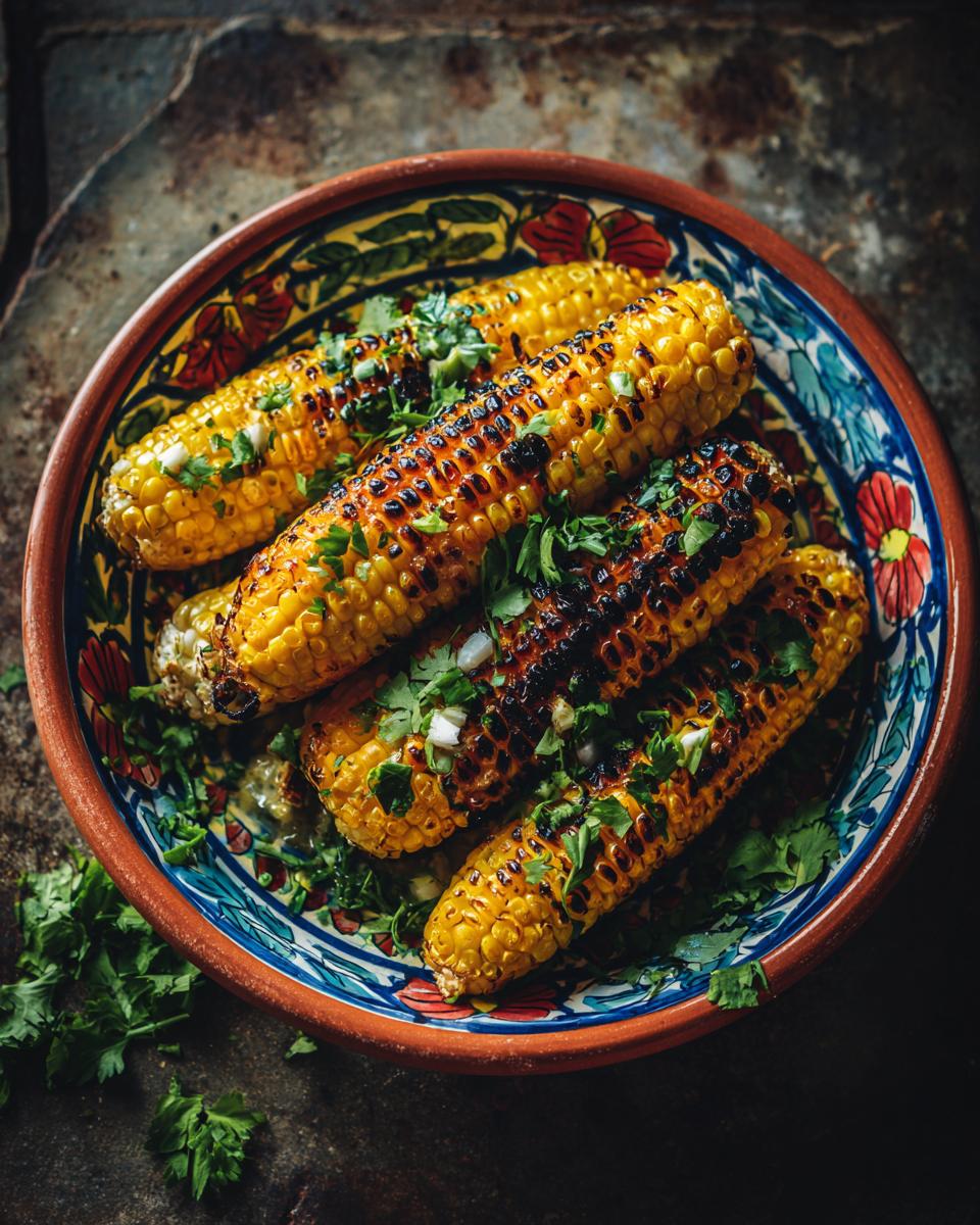 Close-up of grilled corn on the cob, garnished with herbs, in a colorful bowl. Part of The Grilled Corn Salad recipe.
