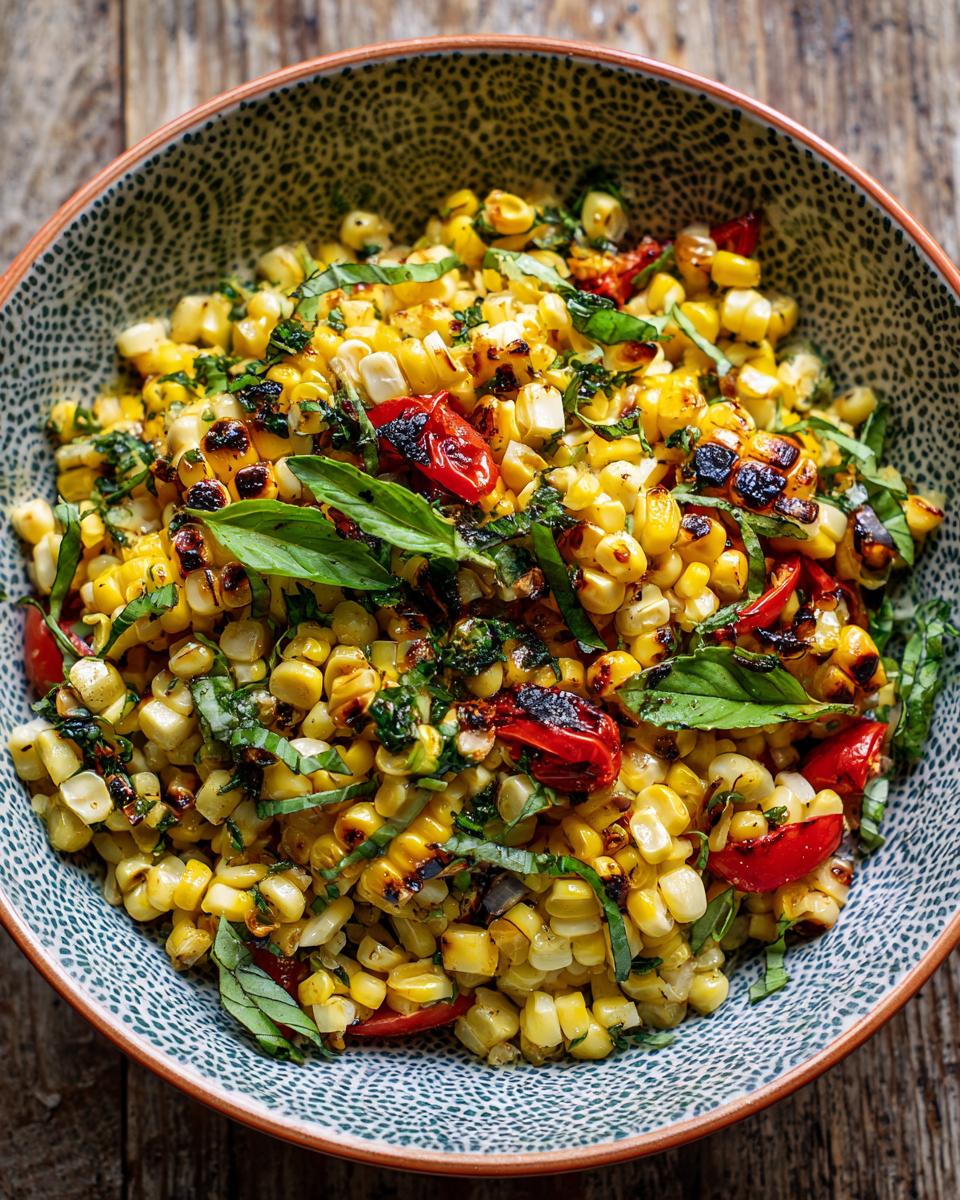 A vibrant bowl of The Grilled Corn Salad with charred corn, tomatoes, and fresh basil.