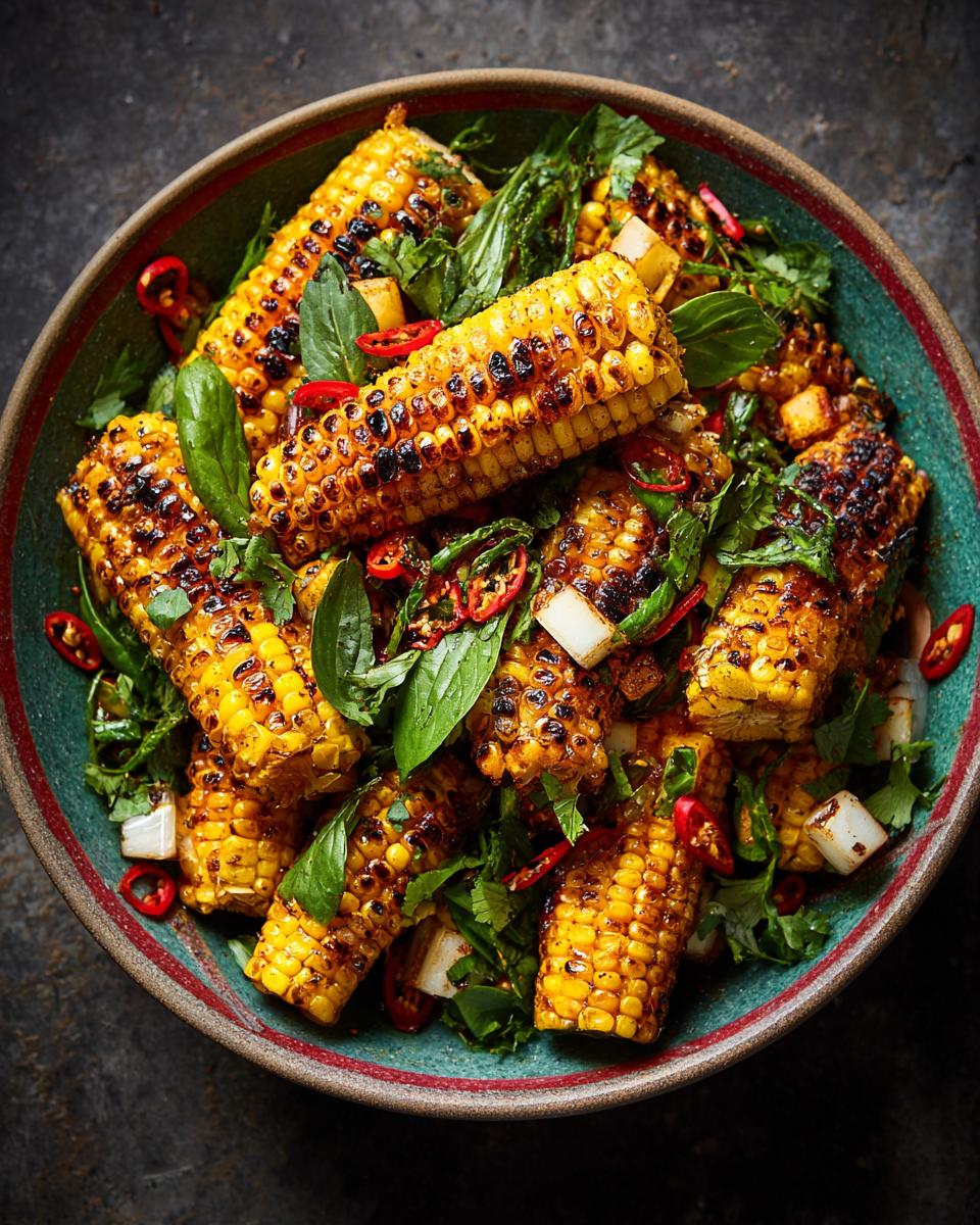 Overhead shot of a vibrant bowl of The Grilled Corn Salad with charred corn, herbs, and chili slices.
