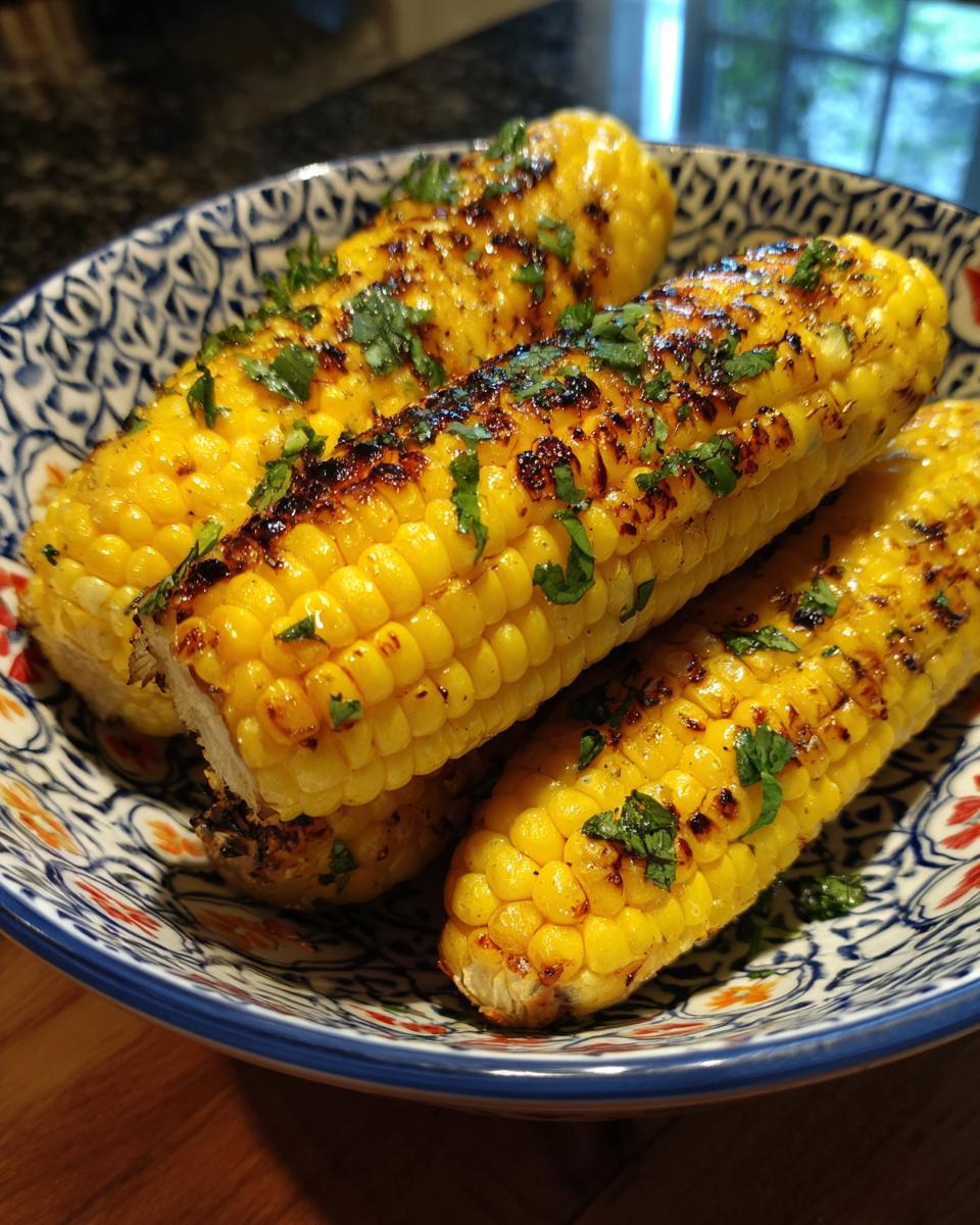 Three ears of grilled corn on the cob, seasoned and garnished with herbs, ready for The Grilled Corn Salad.