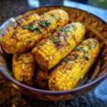 Close-up of grilled corn on the cob in a bowl, seasoned and ready for The Grilled Corn Salad.