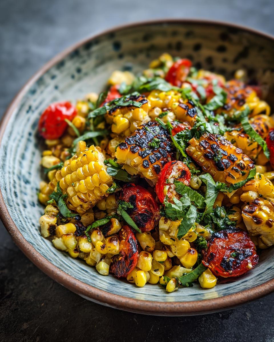 A vibrant bowl of The Grilled Corn Salad with charred corn, tomatoes, and fresh herbs.