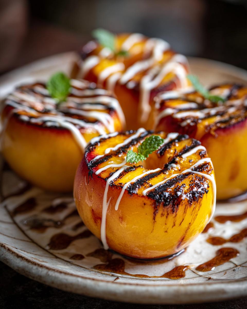 Four grilled peaches topped with honey yogurt and mint on a plate. Delicious Grilled Peaches Honey Yogurt dessert.