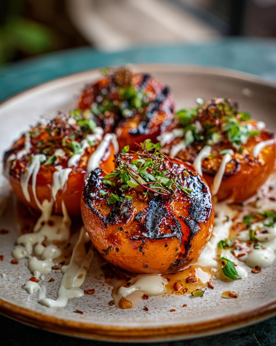 Four grilled peaches with honey yogurt drizzle and herb garnish on a plate. Delicious Grilled Peaches Honey Yogurt dessert.