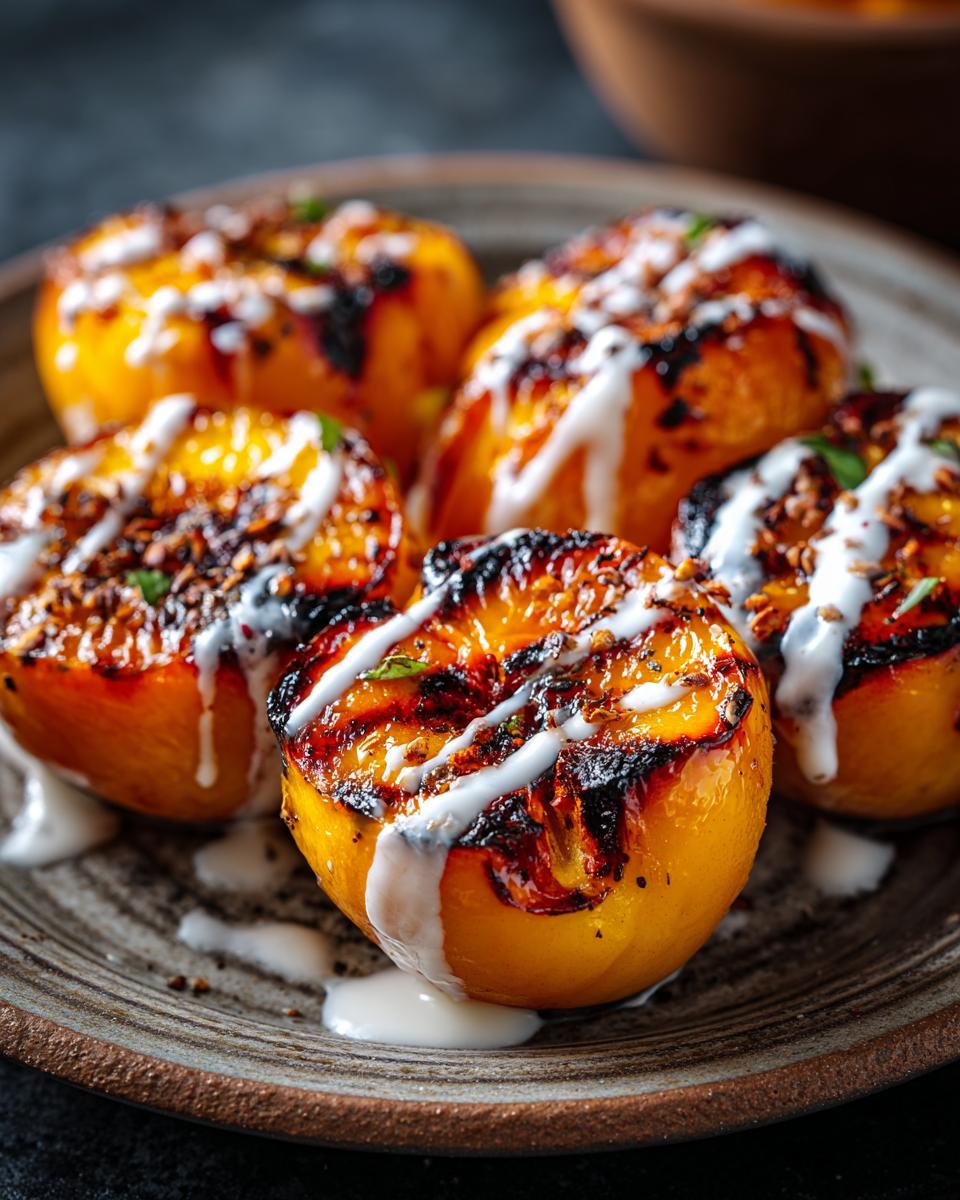 A plate of grilled peaches honey yogurt, drizzled with a creamy sauce and garnished with herbs.