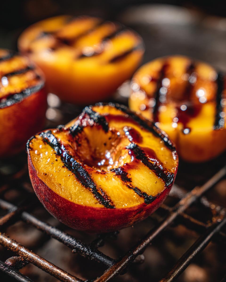 Close-up of Grilled Peaches Honey Yogurt on a grill, showing grill marks and juicy texture.