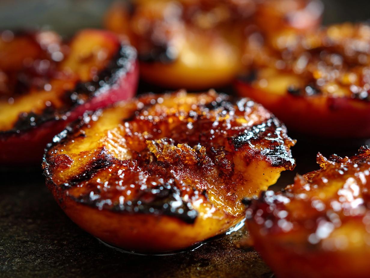 Close-up of grilled peaches glistening with honey, ready for yogurt topping. Recipe: Grilled Peaches Honey Yogurt.