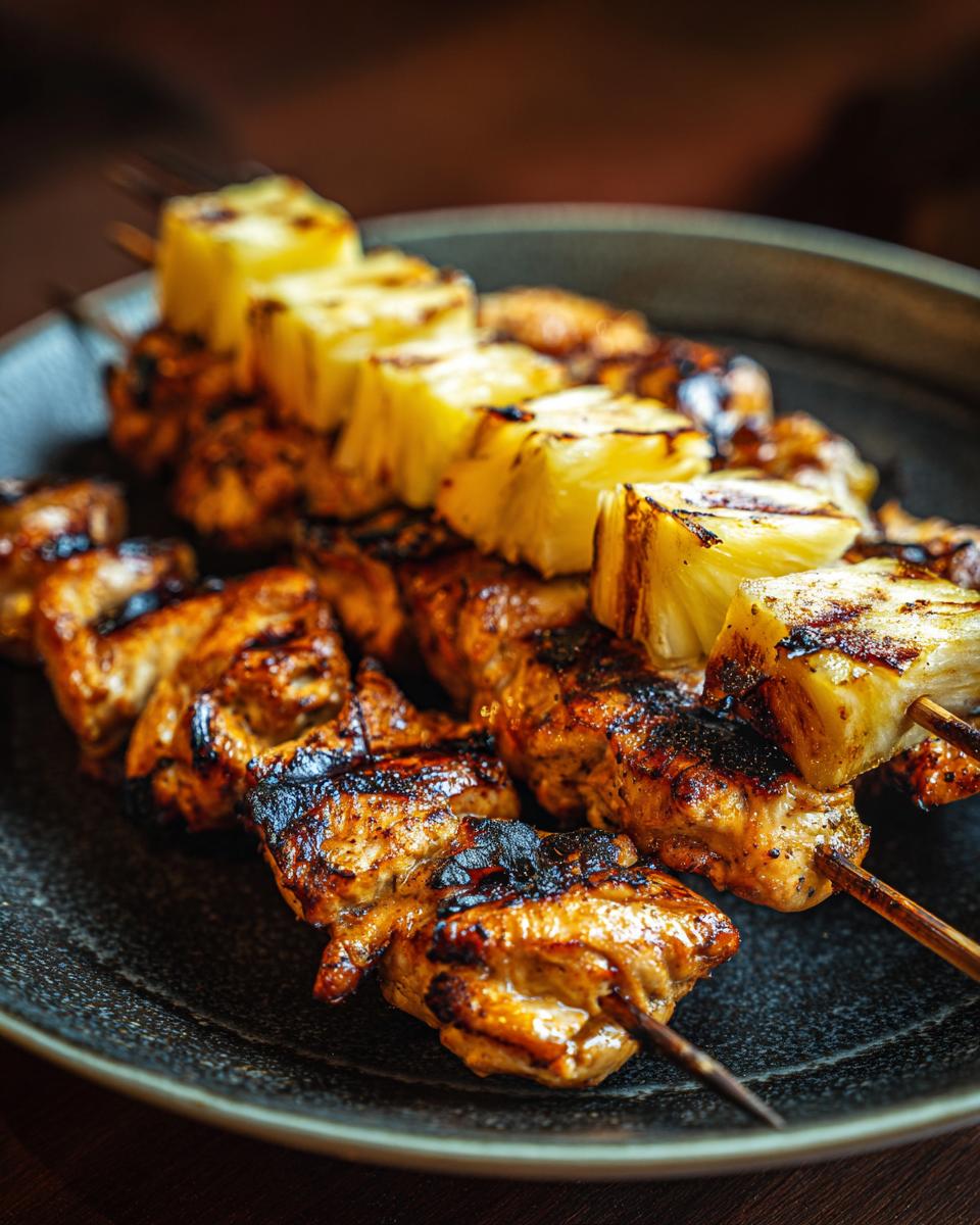 Close-up of Grilled Pineapple Chicken Skewers on a dark plate, showcasing the grilled texture and vibrant colors.