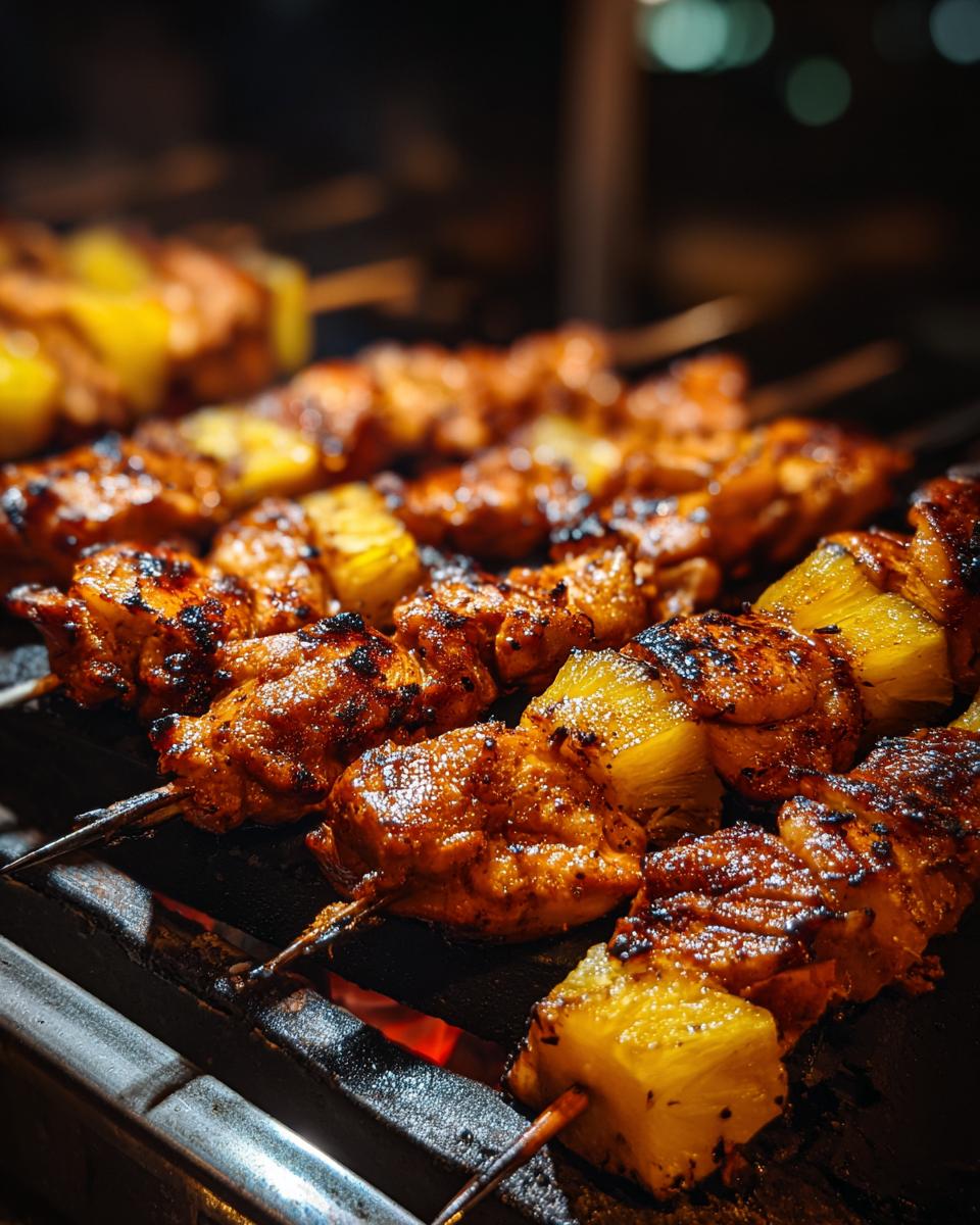 Close-up of Grilled Pineapple Chicken Skewers cooking on a grill, showing char marks and vibrant colors.