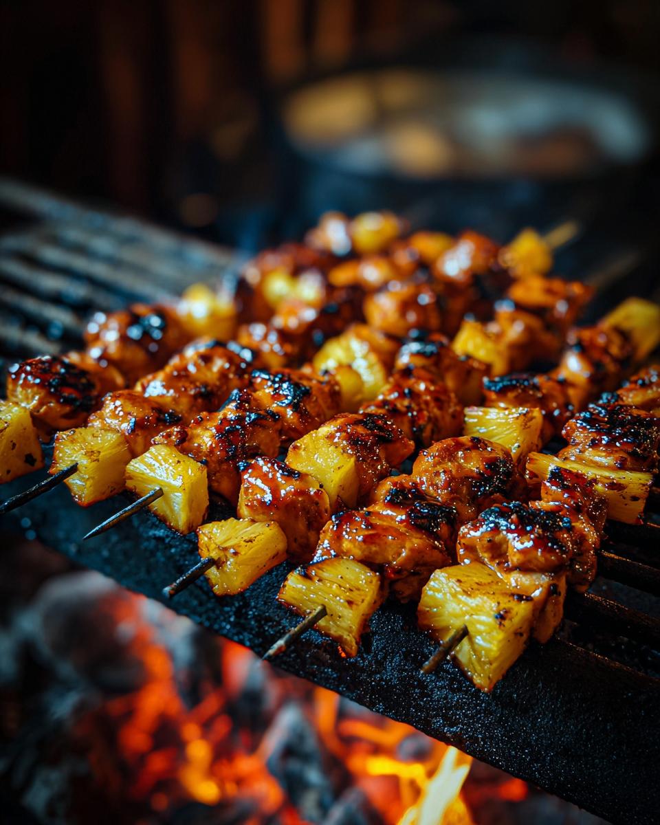 Close-up of Grilled Pineapple Chicken Skewers cooking over an open flame on a grill.