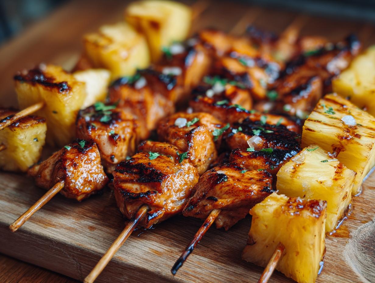 Close-up of Grilled Pineapple Chicken Skewers on a wooden board, showcasing the caramelized chicken and pineapple.