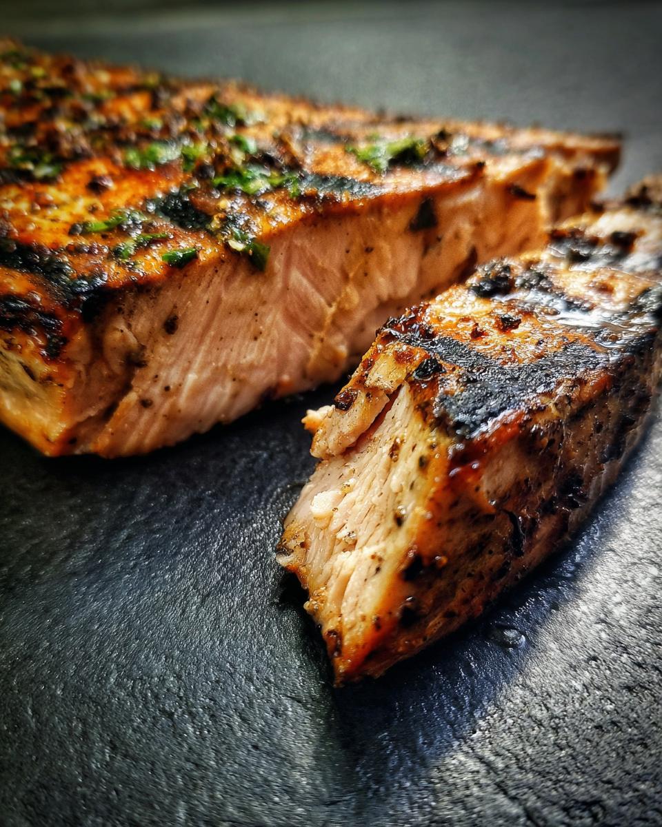 Close-up of a grilled Swordfish steak, seasoned with herbs, on a dark surface.