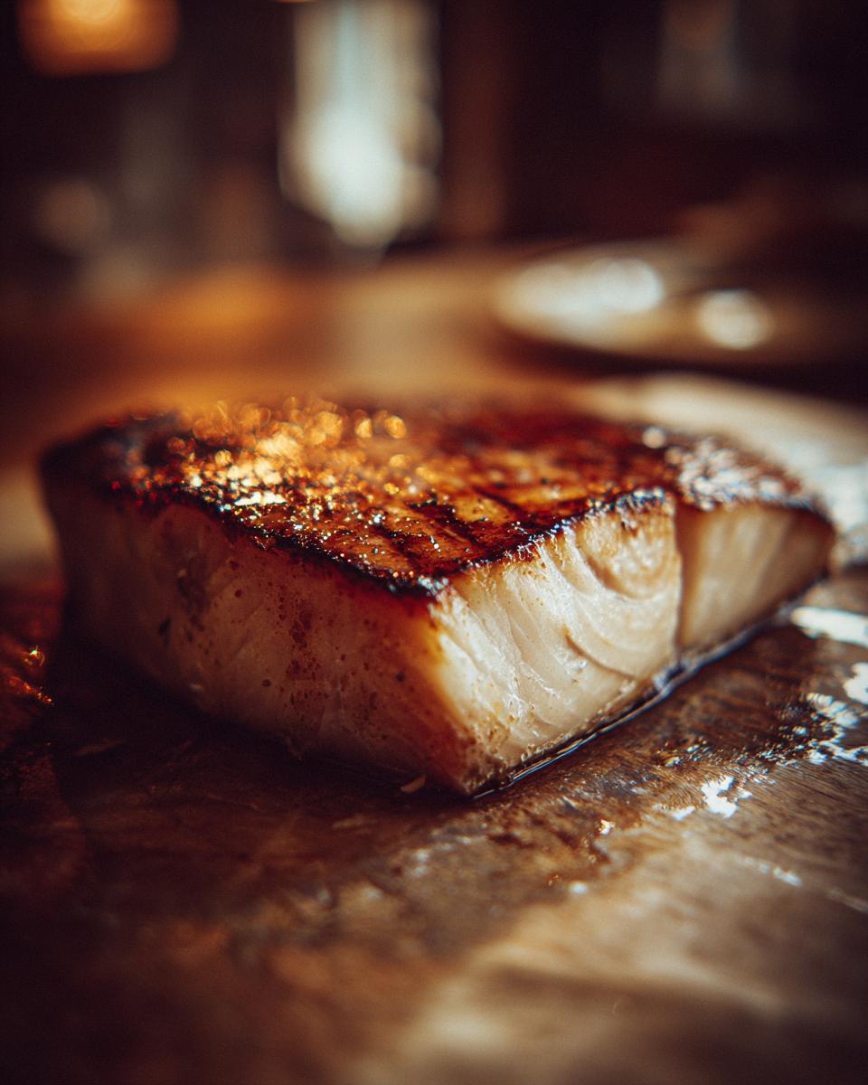 A close-up of a grilled swordfish steak, showcasing its texture and grill marks.