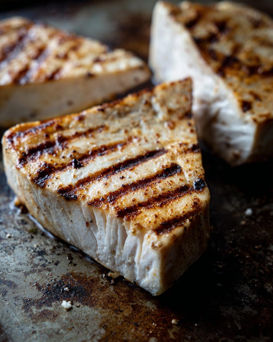 Close-up of grilled Swordfish steaks with grill marks, ready to serve with Grandma Max's potatoes.
