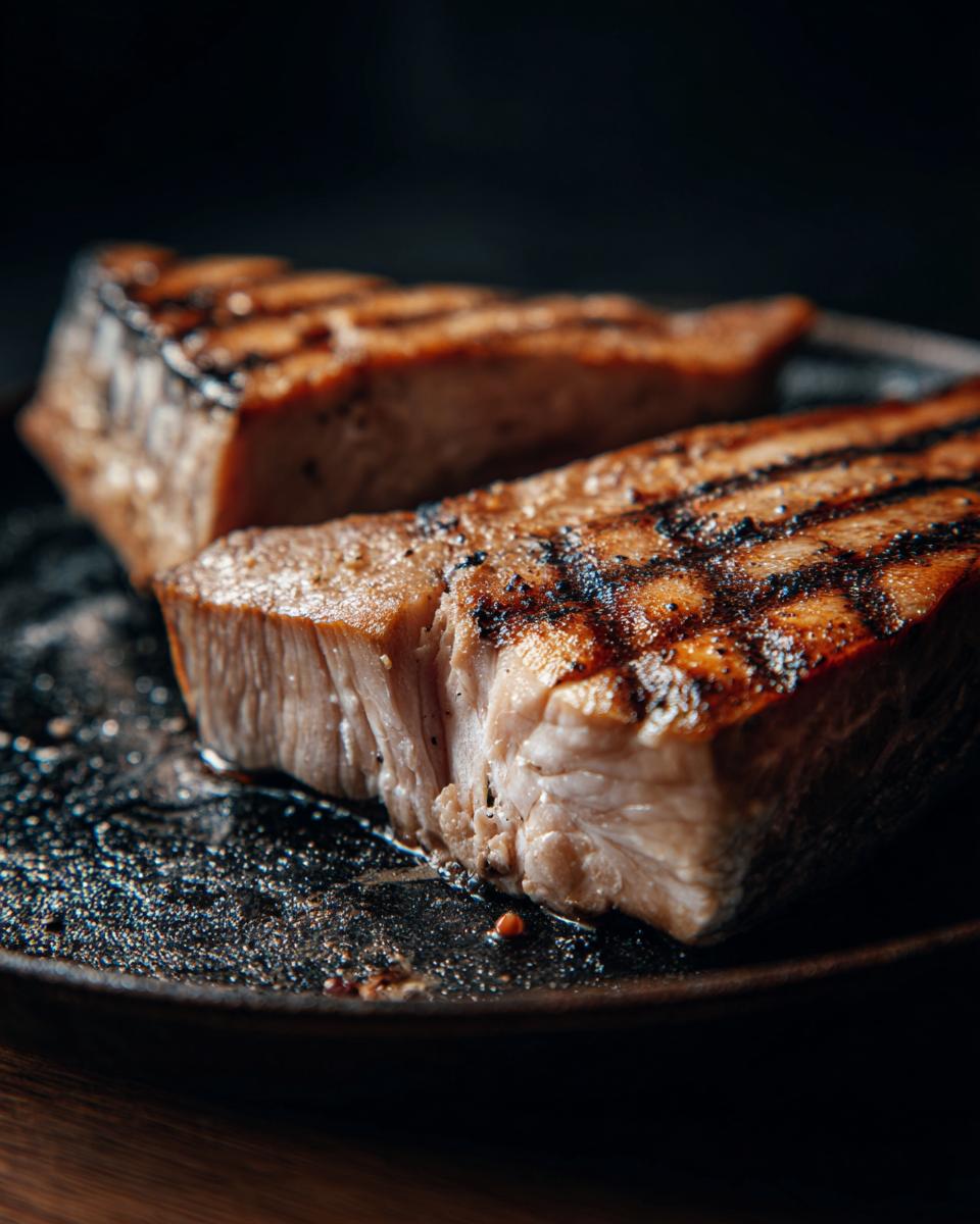 Two grilled swordfish steaks with visible grill marks served on a dark plate.