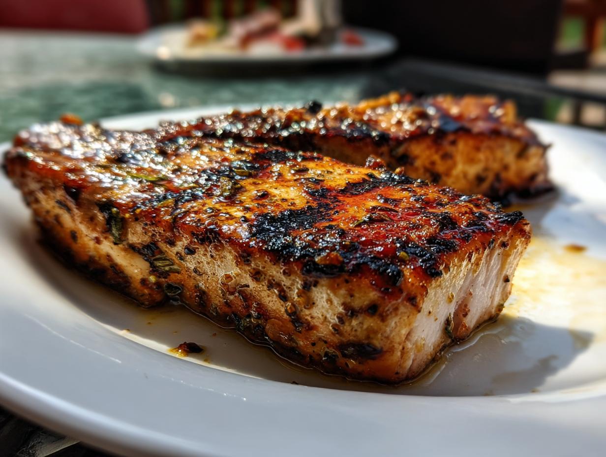 Two grilled swordfish steaks on a white plate, showing the texture and marinade.