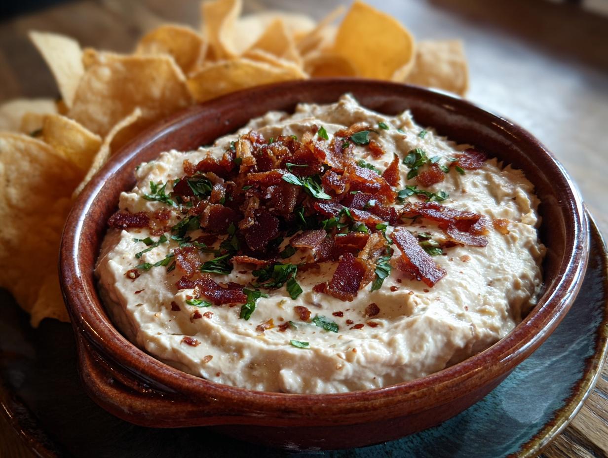 Bowl of The Best Homemade Caramelized Onion Dip topped with bacon and herbs, served with tortilla chips.
