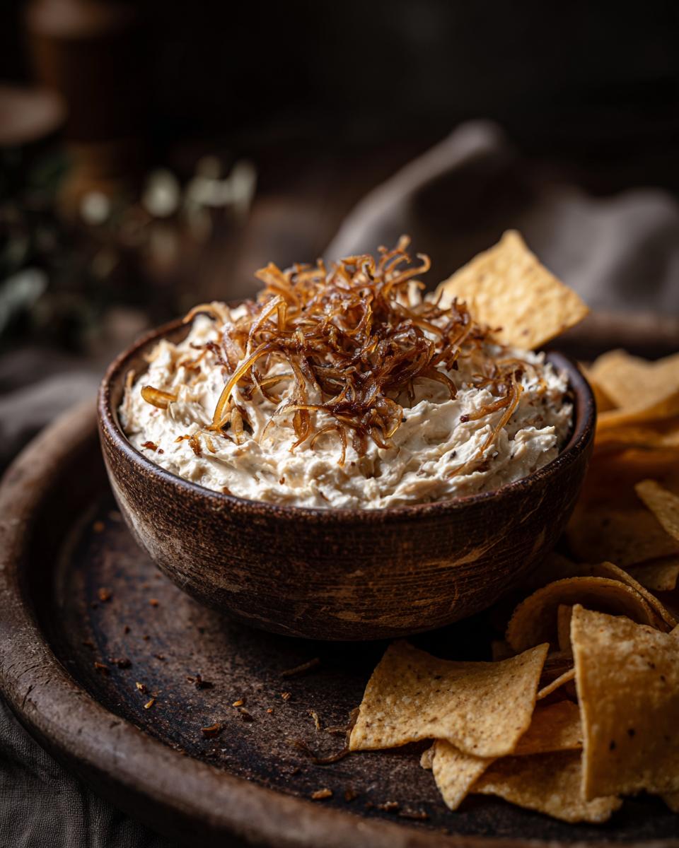 A bowl of The Best Homemade Caramelized Onion Dip topped with caramelized onions, served with tortilla chips.