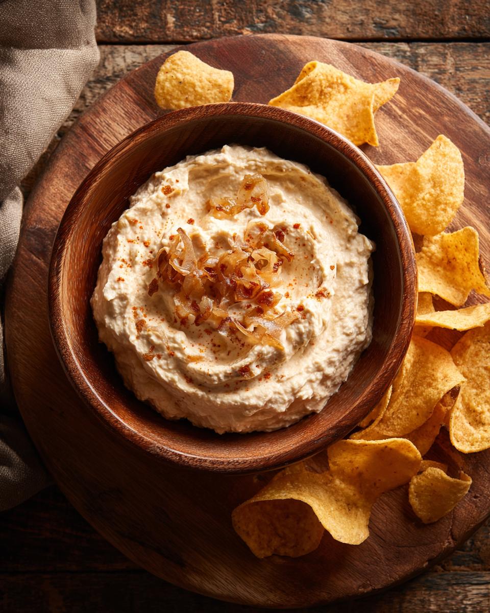 Wooden bowl filled with homemade caramelized onion dip, topped with caramelized onions and paprika, surrounded by tortilla chips.