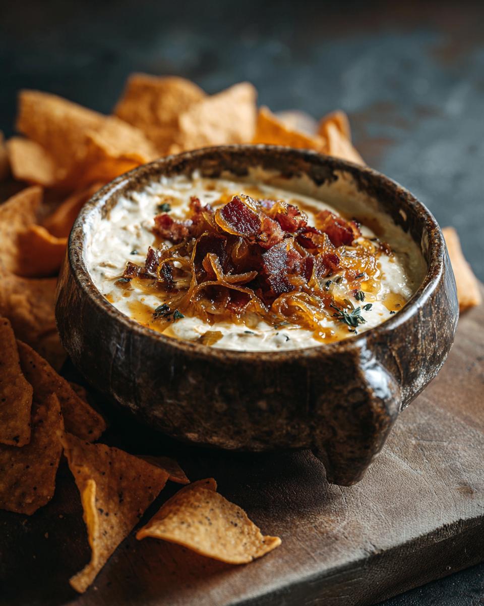 A bowl of The Best Homemade Caramelized Onion Dip, topped with caramelized onions and bacon, served with tortilla chips.