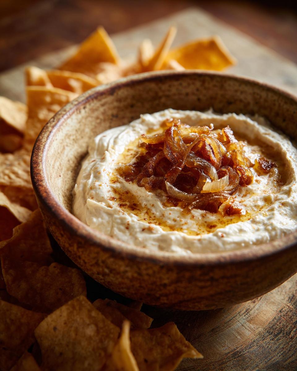 A bowl of The Best Homemade Caramelized Onion Dip, topped with caramelized onions, served with tortilla chips.