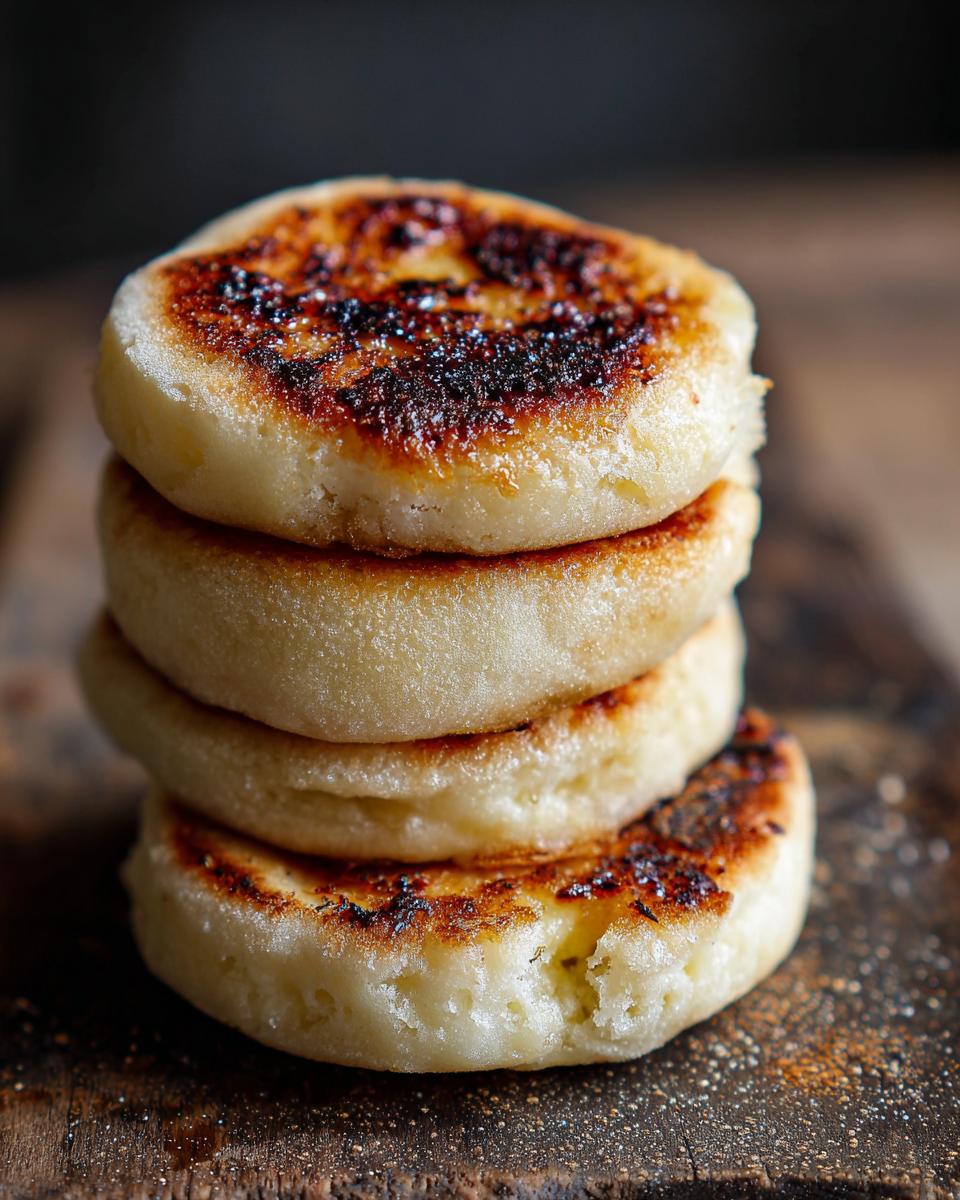 A stack of four fluffy homemade English muffins, golden brown and ready to eat.