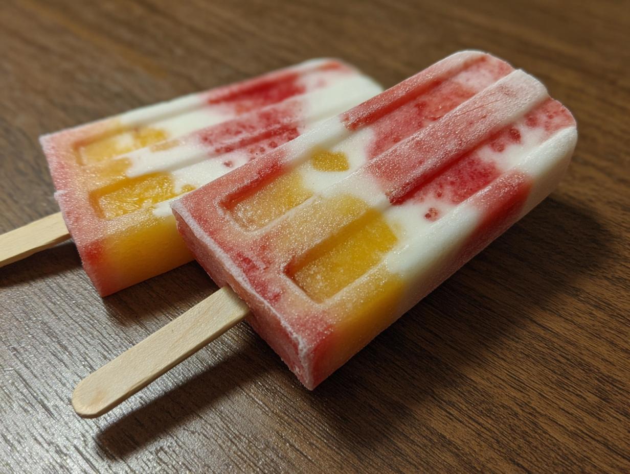 Two colorful homemade Fruit Popsicles with layers of red, white, and yellow fruit on a wooden surface.