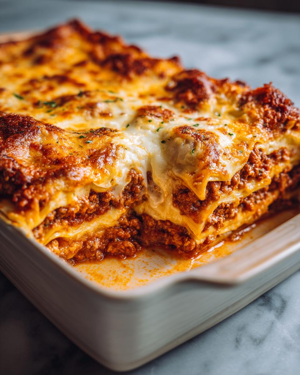Close-up of a delicious Homemade Lasagna with layers of pasta, meat sauce, and melted cheese.