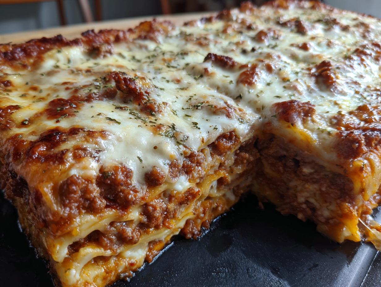 Close-up of a delicious Homemade Lasagna with layers of pasta, meat sauce, and a melted cheese topping.