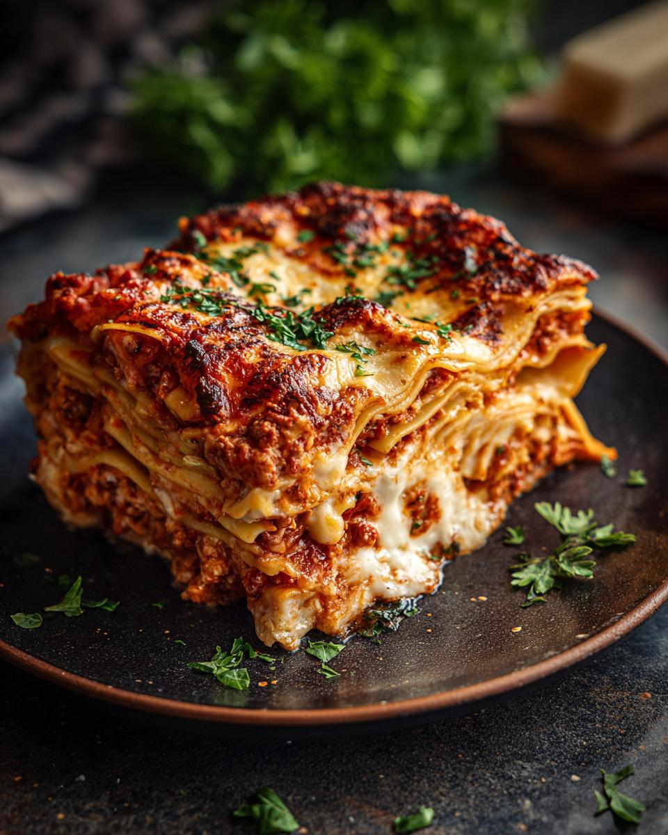 A delicious slice of Homemade Lasagna on a dark plate, topped with herbs.