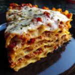 A delicious slice of Homemade Lasagna with layers of pasta, meat sauce, and melted cheese.